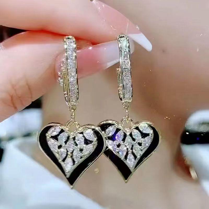 Vintage Black Enamel Love Heart Hoop Earrings for Women High Quality Gold Color Inlay Crystal Drop Dangle Jewelry Accessories