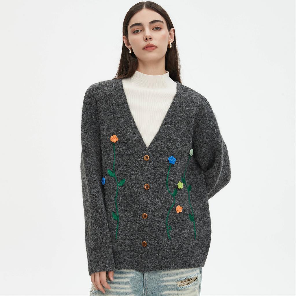 Dimanaf 2025 Sweaters Buttons Embroidery Print Cardigan Autumn Pockets Women Print Sweaters Knitting Loose Sweater