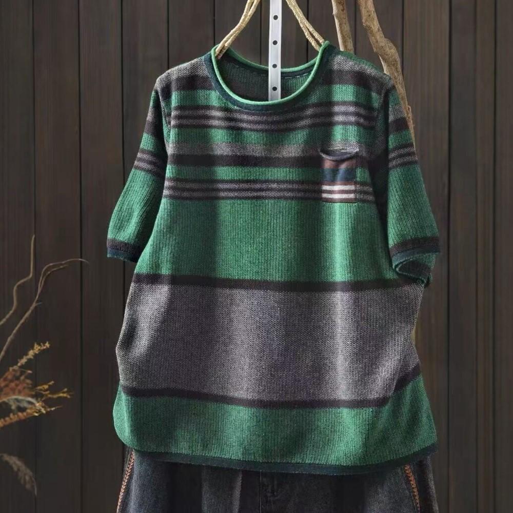 Johnature Women Vintage Striped T-Shirts Summer Chinese Style O-Neck Short Sleeve Knitted Female T-Shirts