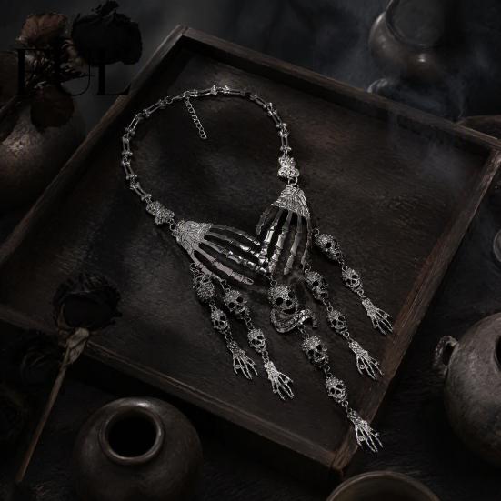 Rock Music Festival Necklace Skeleton Hand Skull Necklace, Gothic Choker Vintage Unique Charm Jewelry Punk for Women Halloween Outfit, Goth-Themed