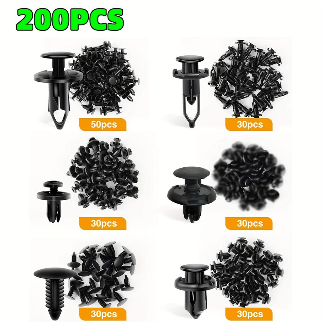 200 General Purpose Automotive Retaining Clips - 6mm, 7mm, 8mm, 9mm, 10mm - Mixed Types, Bumper Push RivetsAutomotive Parts Removal Tools