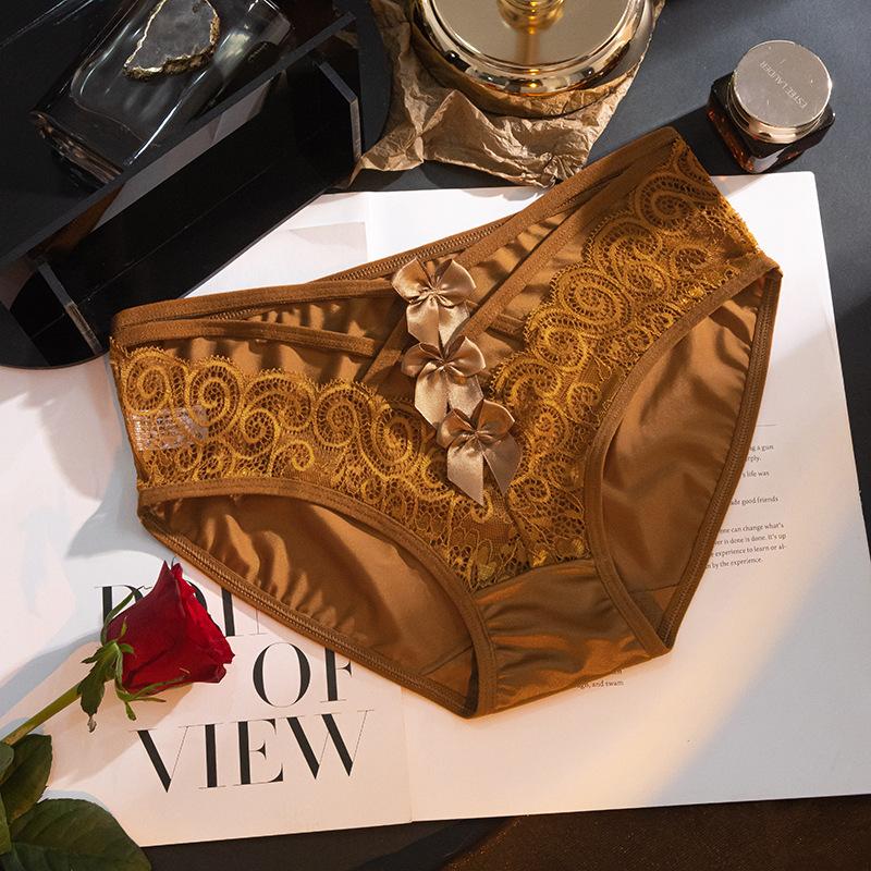 

Женское весенне-летнее нижнее белье из чистого кружева с бантом, с вырезами, дышащее, удобное по талии, с ластовицей из чистого хлопка XL коричневый