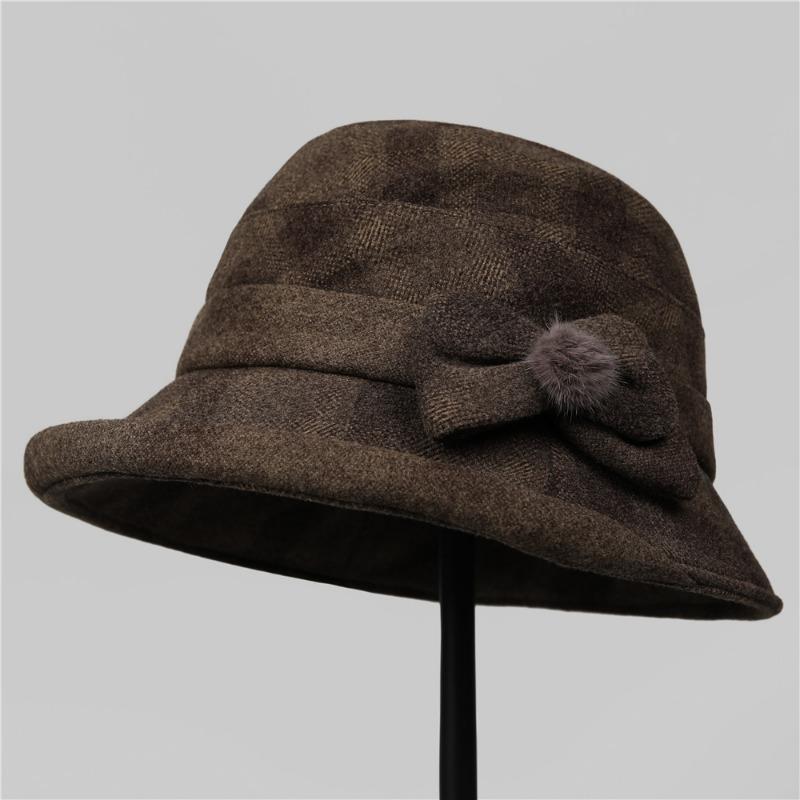 

Женская осенне-зимняя шерстяная утолщенная тканевая шляпа-ведро, весенне-осенняя повседневная панама M（56-58cm） темно-коричневого
