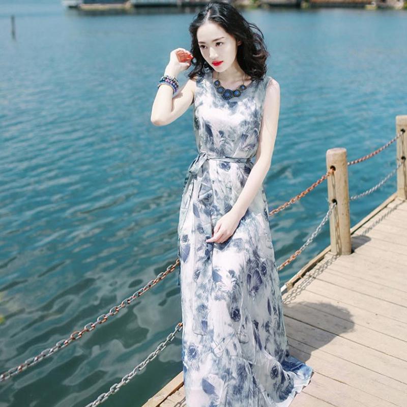 Women Summer Sleeveless Dress Bohemian Long Beach Dress for Seaside Holiday