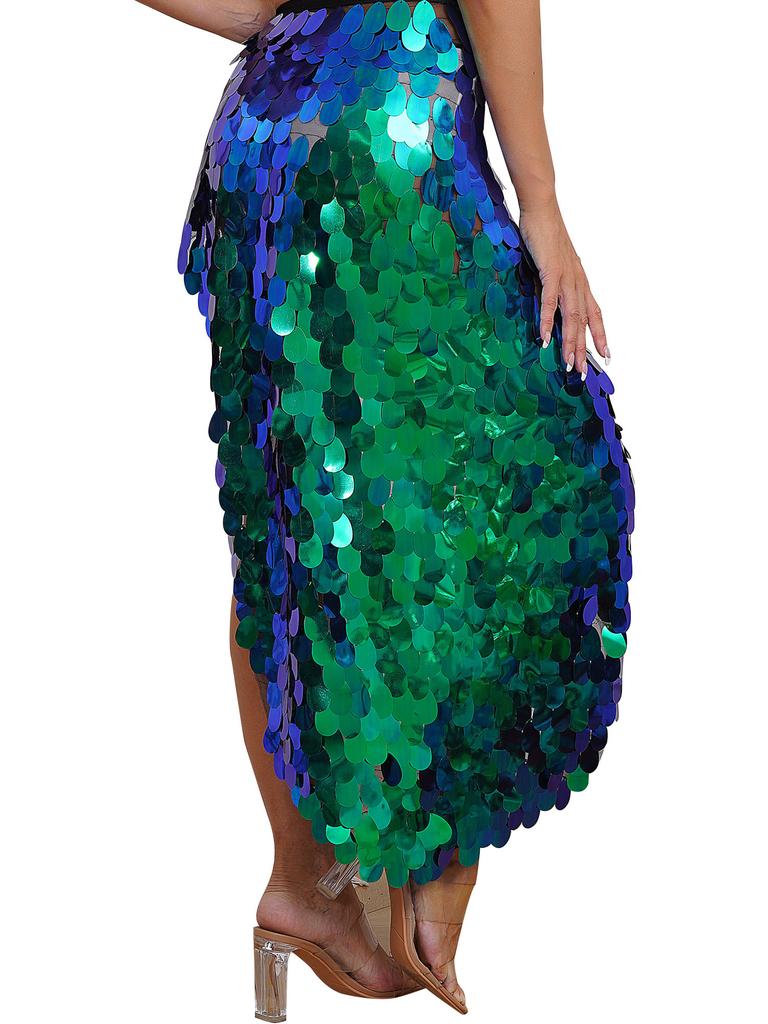 Womens Sparkly Sequin Hip Skirt Belly Dance Costume Lace Up Mermaid Scarf Wrap Halloween Festival Wear