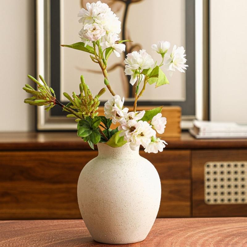 Farmhouse Ceramic Flower Vases with Rounded Bottle Shape and Matte Distressed Texture for Living Room Table, Shelf, Decors
