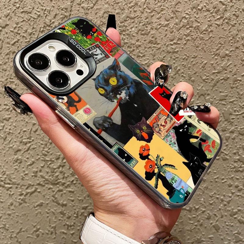 New Cute Black Cat Graphic Montage Laser Phone Case For iPhone 17 15 16 Pro Max Plus 14 13 12 Mini 11 Pro Max Shockproof Cover