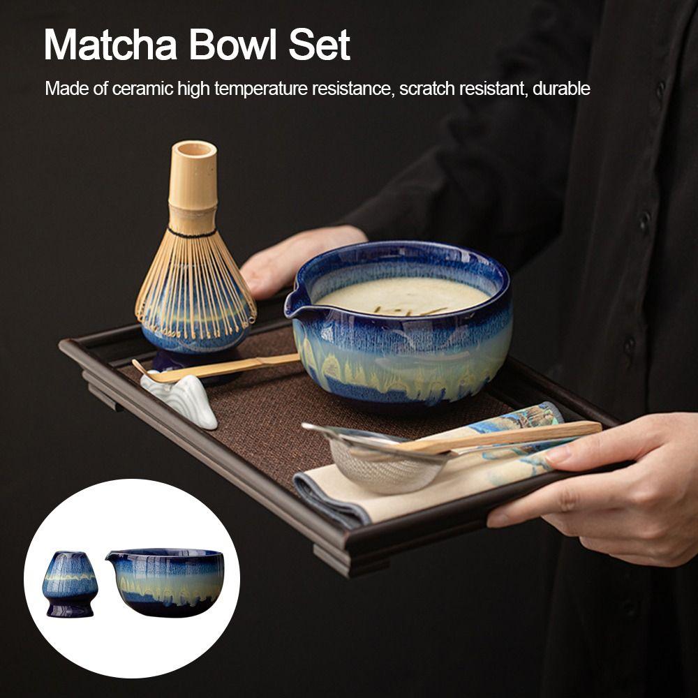 Ceramic Matcha Bowl Set Kiln Discoloration Smooth Matcha Whisk Stand High Temperature Resistant Large Capacity Tea Ceremony Tool