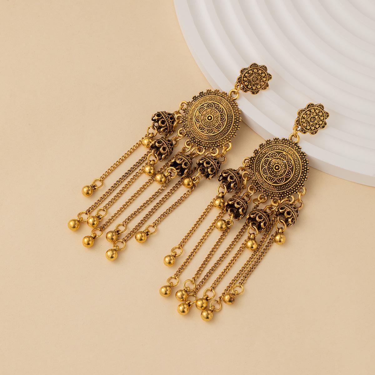 

Етнічний стиль, стиль для відпустки, геометричні круглі персоналізовані сережки, ретро сплав, довгі сережки з підвісками-дзвіночками з бахромою