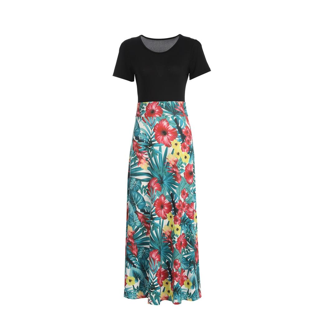 Floral Print Patchwork Short Sleeve Bohemian Dress Women Summer Dress O Neck Big Swing Long Dresses