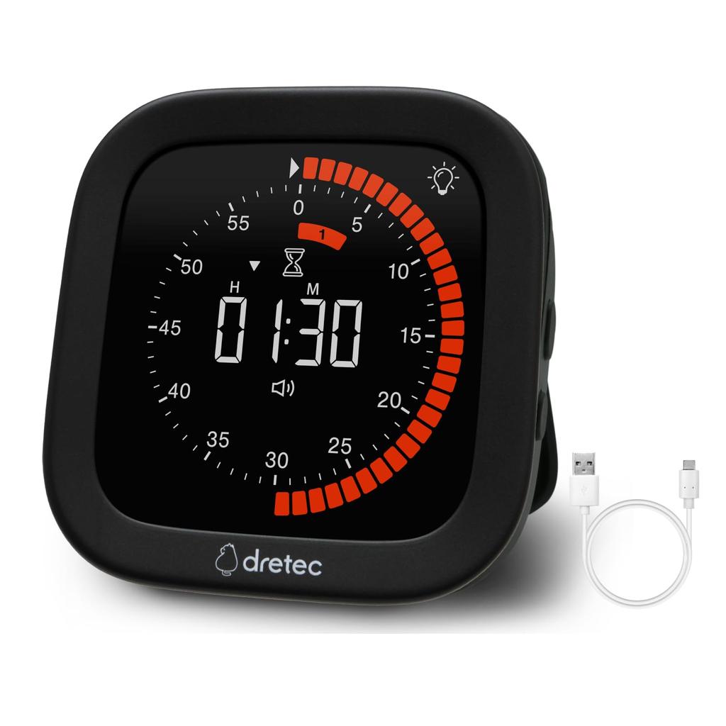DRETEC Visual Timer Digital Timer Kitchen Timer Silent Light Simple Design Reading Work Exam USB Cable Vibration Meeting Dial Intuitive Operation Magn