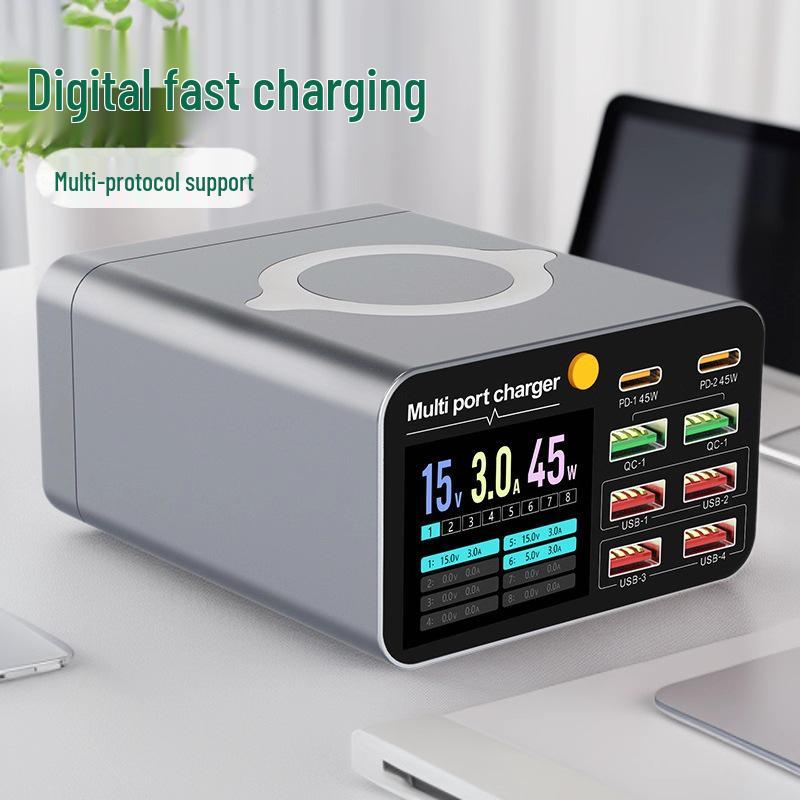 

80W Multi-Port Charger: 6A2C Digital Display Wireless Desktop Fast Charging Station for Phones & Laptops. Korean Standard срібло сірий колір