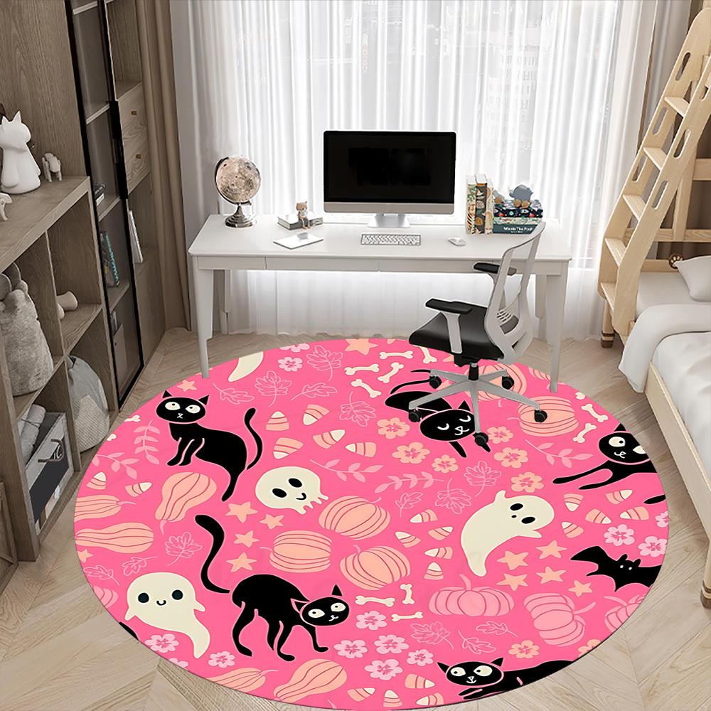1pc Halloween Cats Office Round Area Rug, Indoor Mat Suitable For Office, Under Office Chairs Bedroom Living Room Home Decor, Room Deco 048