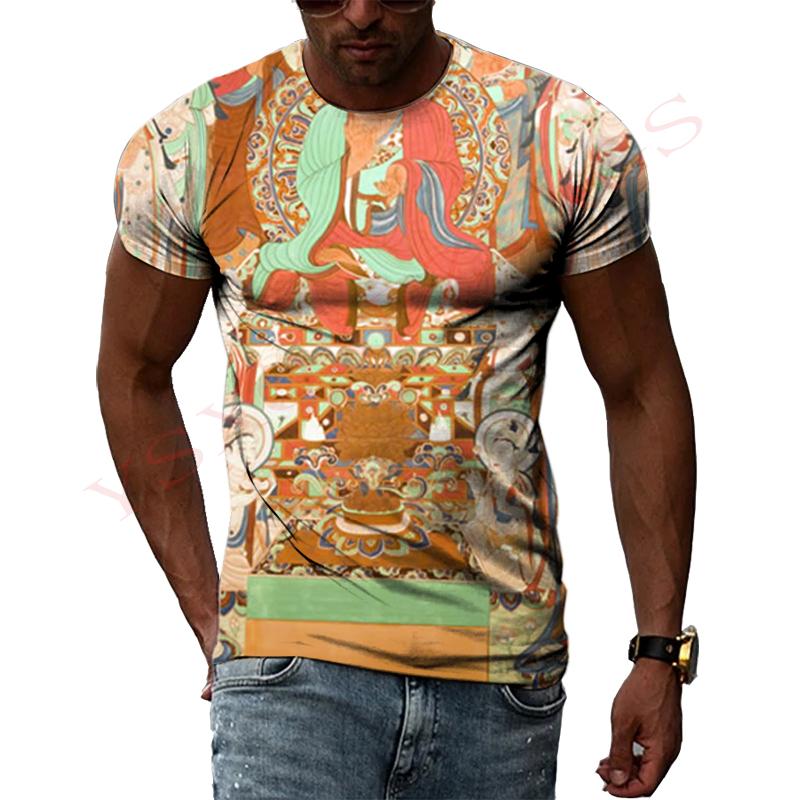 China Dunhuang Mural Graphic Shirt 3D Harajuku Print New Summer Retro Art Casual Short Sleeve Top For Men And Women Personality