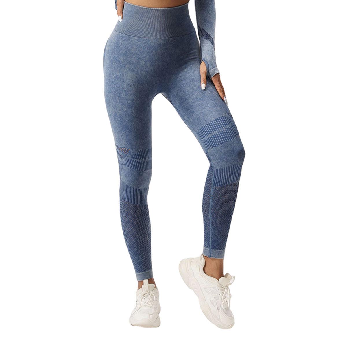 

Персиковые леггинсы для йоги с высокой посадкой и бесшовной конструкцией - Выстиранные, с эффектом песка, Облегающий крой с деталями в виде вырезов Small светло-синий