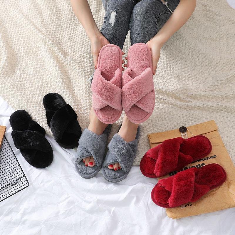 A12 Winter Double-striped Cross-hairy Slippers, Home Indoor Slip-resistant Thermal Cotton Slippers, Korean Version of Fashion Slippers