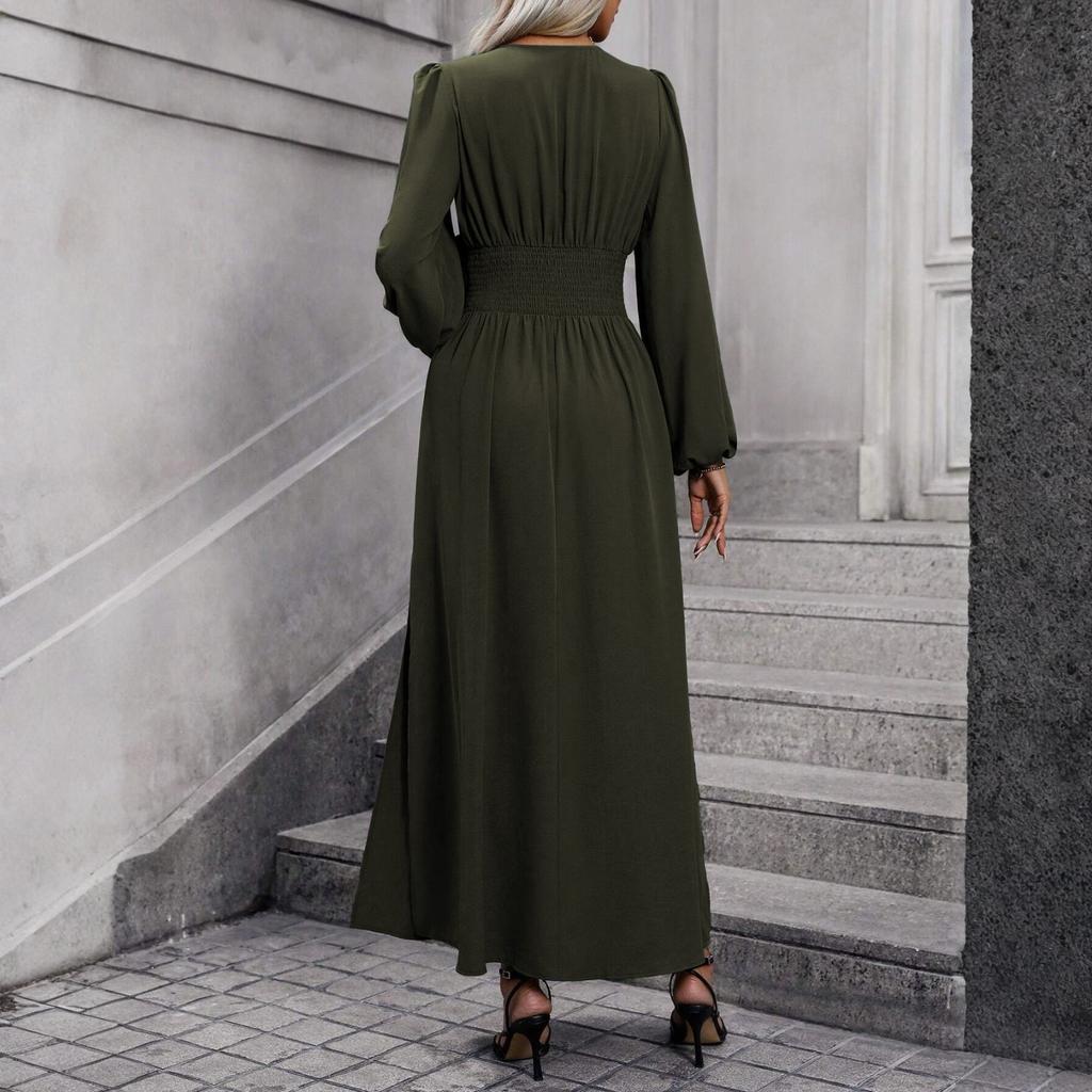 Women's Fashionable Color V-neck Long Sleeved Slit Dress