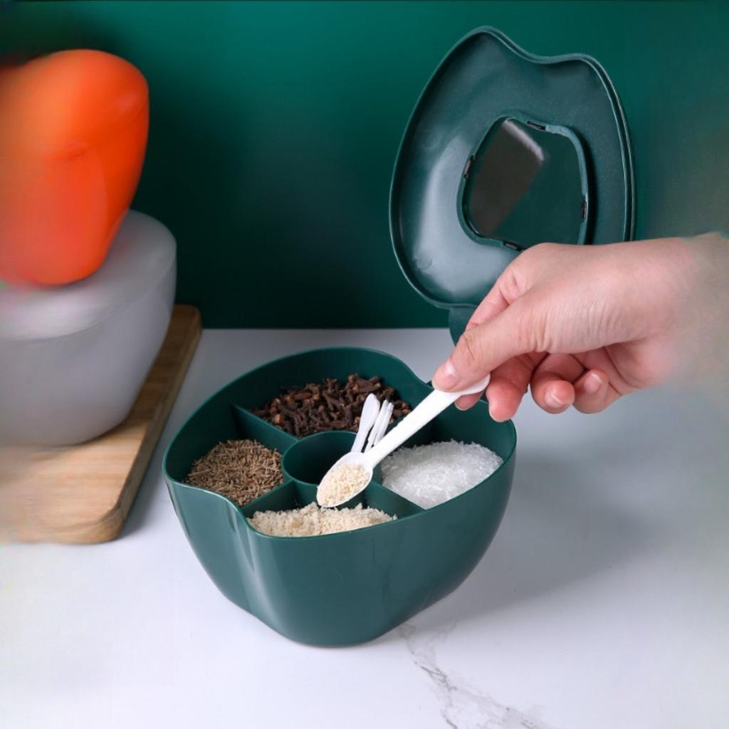 Creative Apple Shaped Multi Grid Design Seasoning Box Comes With 4 Spoons Perfect For Salt Sugar And Various Seasoning