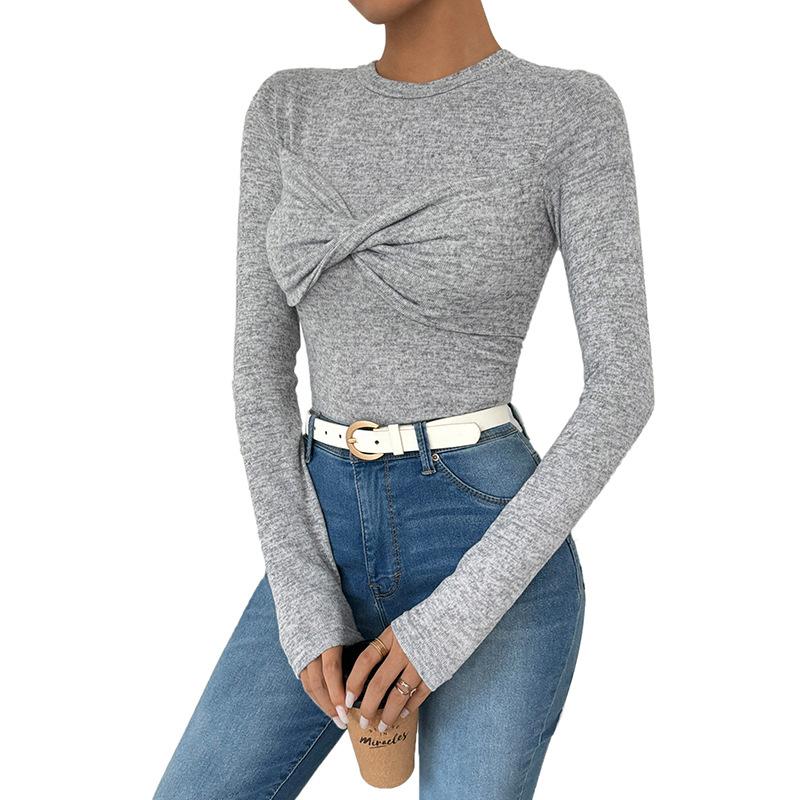 Women Spring Autumn Long Sleeve O Neck Knot Slim Fit Pullover T Shirt Top
