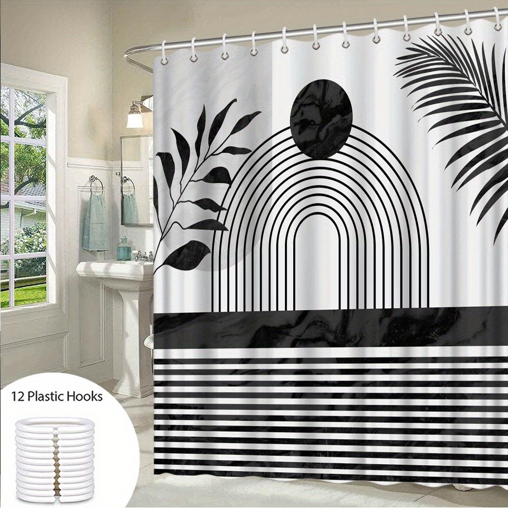 1pc Black Circle and Fern Patterns Minimalist Art Shower Curtain Concentric Black Circles, Leafy Fern Patterns, Black Palm Frond