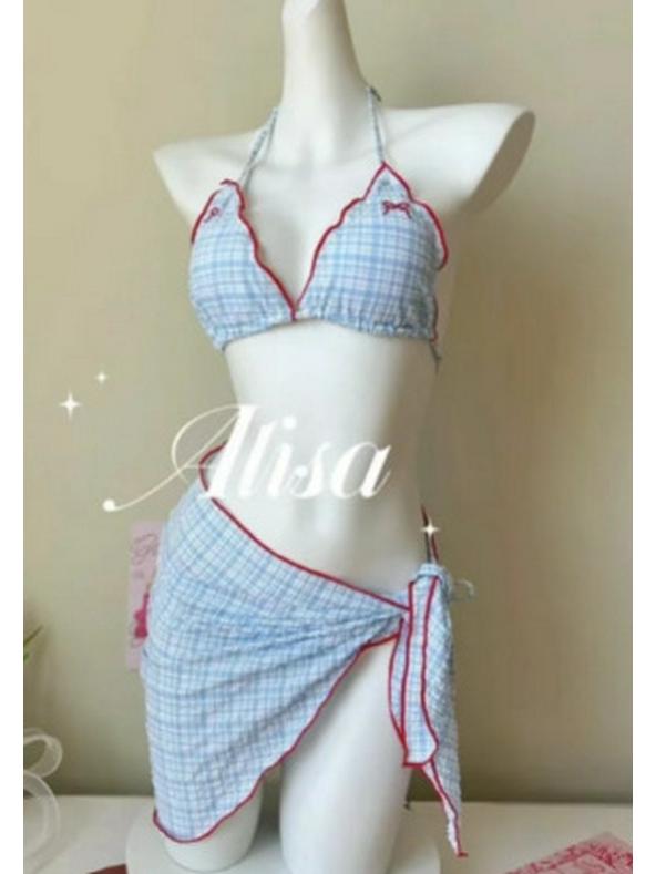 

Ретро клетчатое бикини из трех частей с бантом Small синий