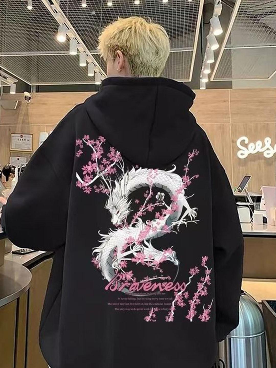 

2025 Новый свитер с капюшоном Осень Мужской однотонный Гуочао Принт белого дракона Повседневный Парный Большой размер Толстовка для путешествий S