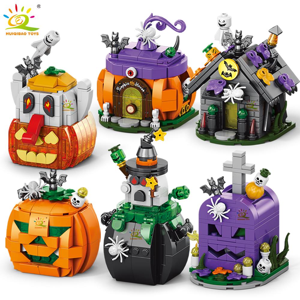 Ungiftige Halloween Modellbausteine Stadt Kürbis Geist Haus Zug Waggon Moc Steine Set Spielzeug Für Kinder Heimdekoration Geschenk