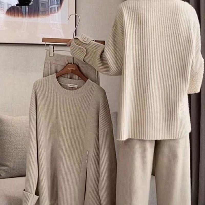 Women Suits Sets Cotton Large Size Knit Top Wide-Leg Pants  Thickened Sweater Top Longs Pants Two-piece Oversize 2PC Suit
