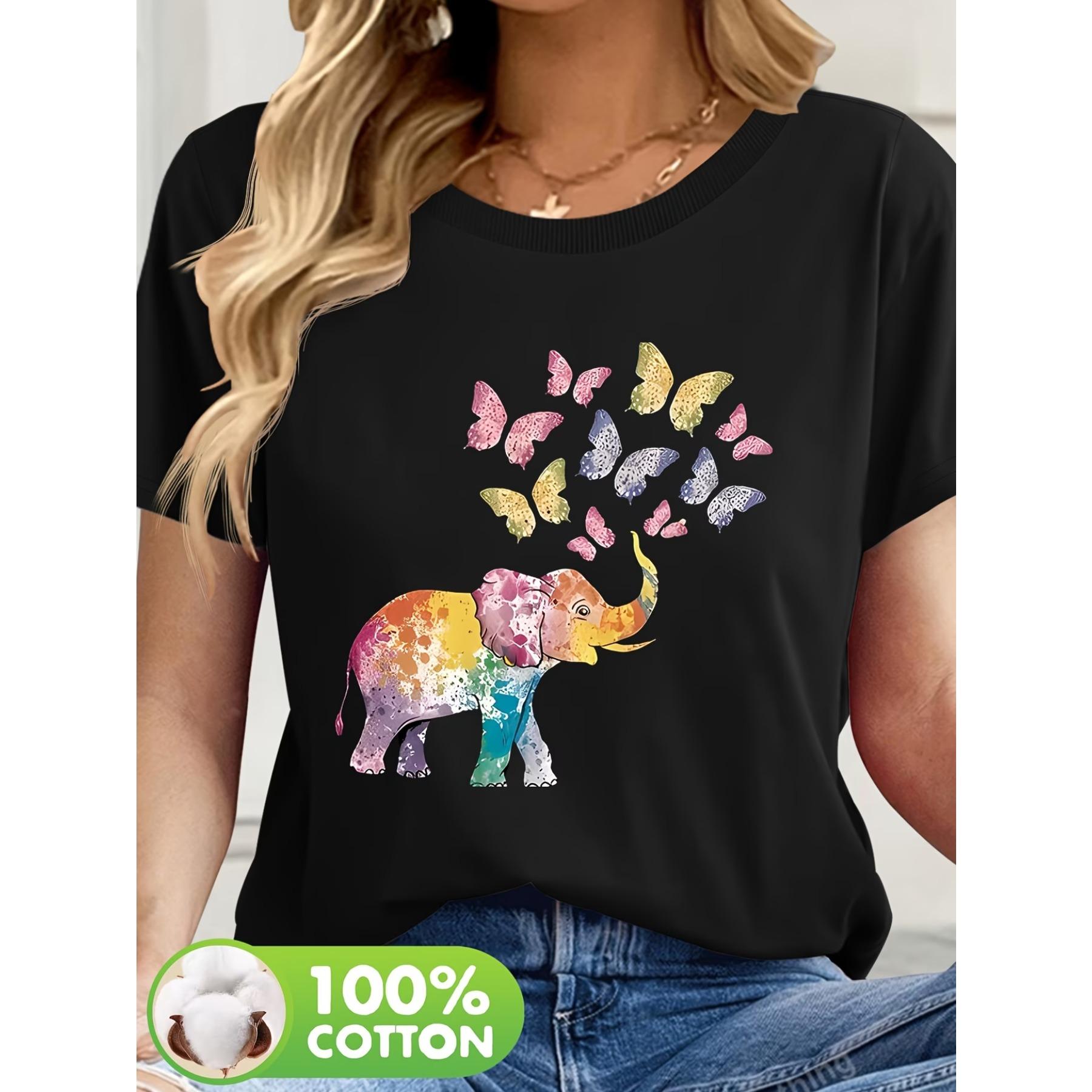 

Elephants and Butterflies Pattern Printed Casual Round Neck Short Sleeve T-shirt Summer New Women s Wear XXL чорний