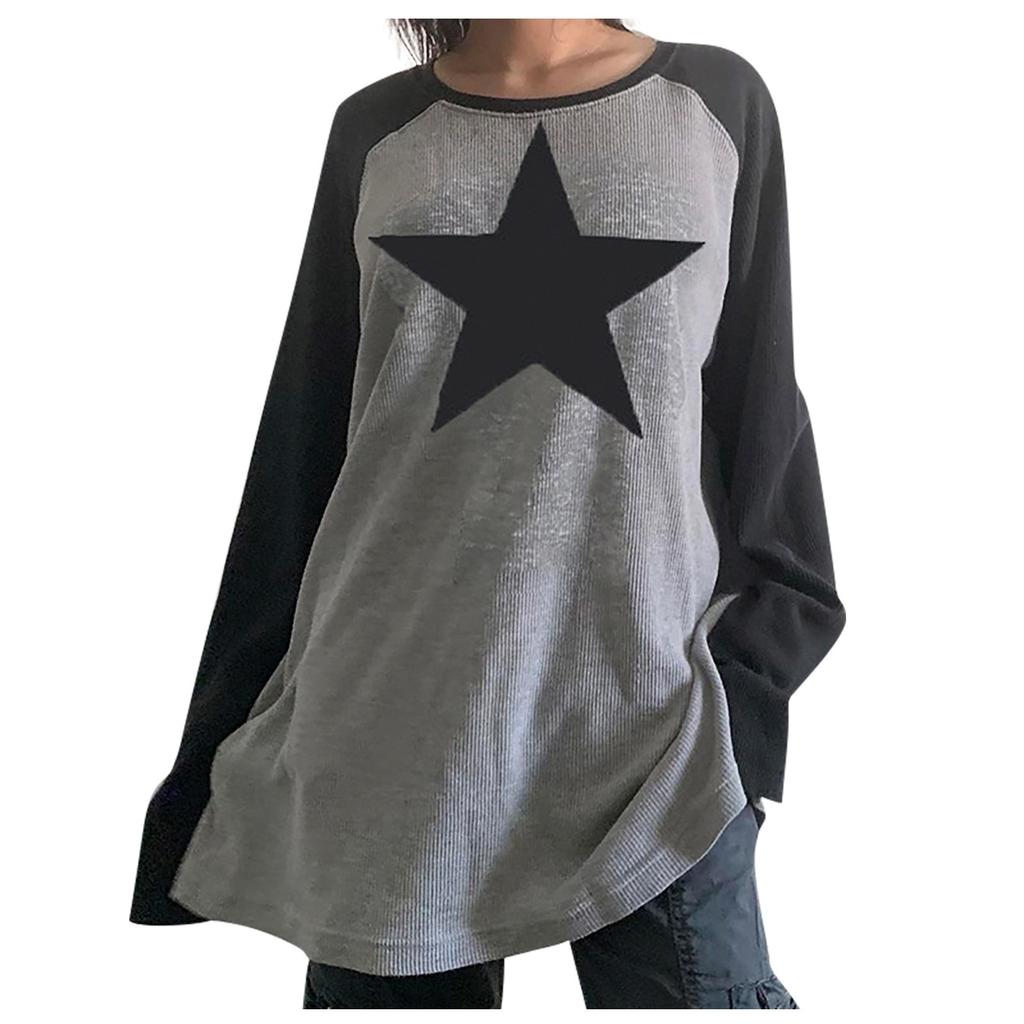 Women's Harajuku Star Print Piece Piece Autumn Casual Plus Size Loose Tee Vintage Sweatshirt