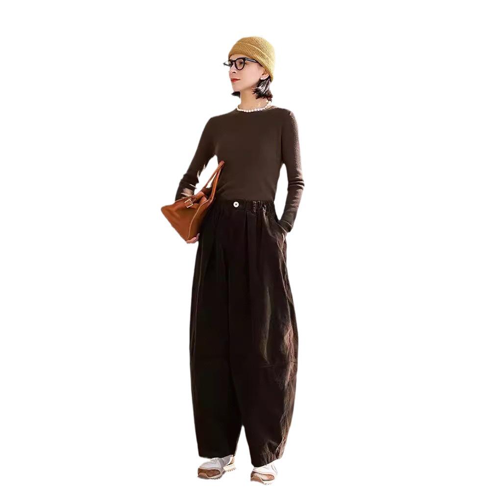 Retro Corduroy Lantern Pants with Ribbed Texture - Literary Style