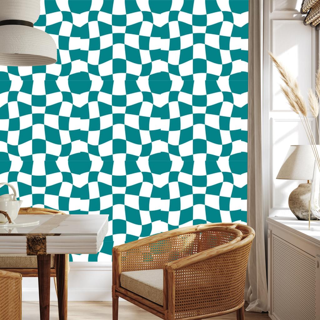 Wallpaper Casual Checkerboard Turquoise for Living Room and Bedroom 50x1000