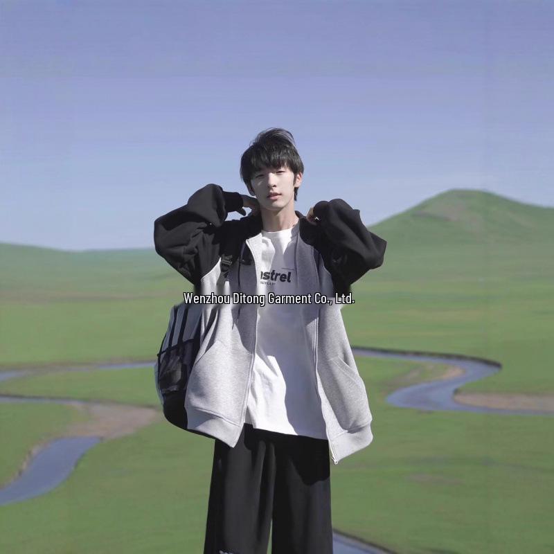 

Men s Hooded Color Block Baseball Jacket - Autumn/Winter Loose Fit Sports Top M сірий колір