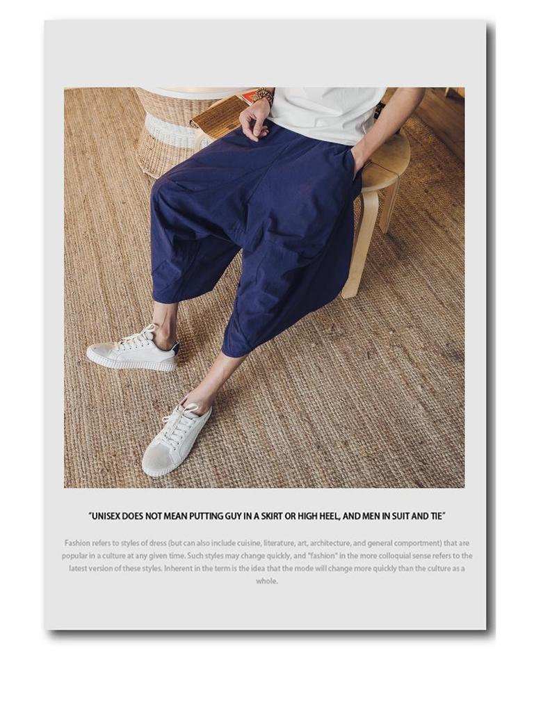 2018 Summer Men's Cotton Linen Casual Pants, Nine-Point Style, Plus Size, Low Drop Crotch