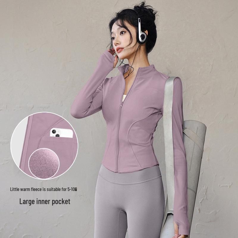 Damen Frühlings-Yoga-Bekleidung 2026: Dünne Fleece-Sportjacke mit Stehkragen, Reißverschluss, enganliegend für Laufen & Fitness.