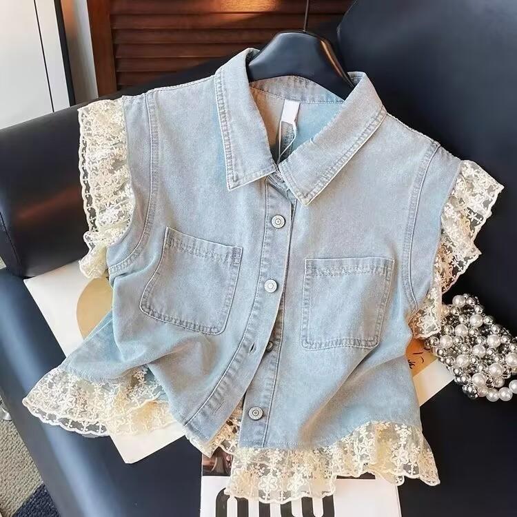 

Французский Сладкий Кружевной Кружевной Лоскутный Джинсовый Жилет Поддельный Двойка Приталенная Куртка L