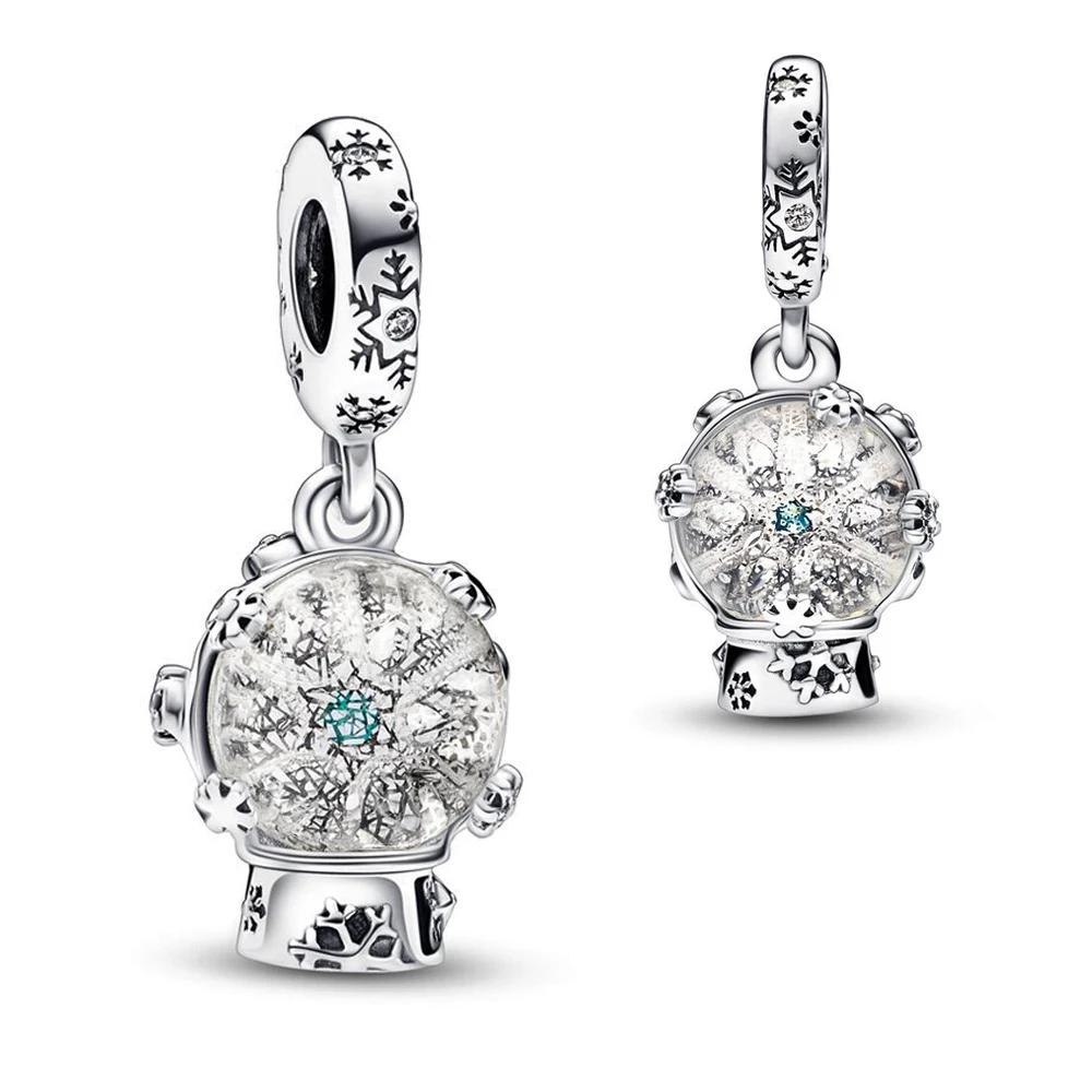 New Sparkling Snowflake Snowglobe Charms Fit Pan  Bracelet Necklace DIY Christmas Jewelry Gift for Women