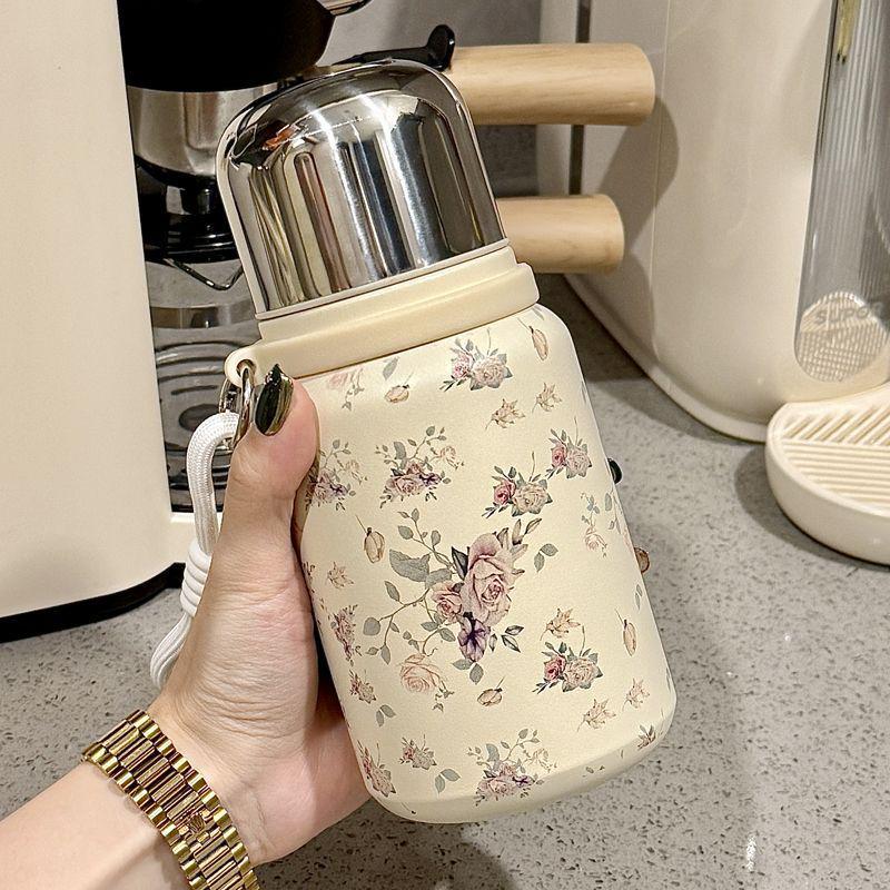 Chinese Style Rose Peony Insulated Cup with Lanyard, Large Capacity, Portable, Tea Separation Feature, Exquisite Stew Pot Design