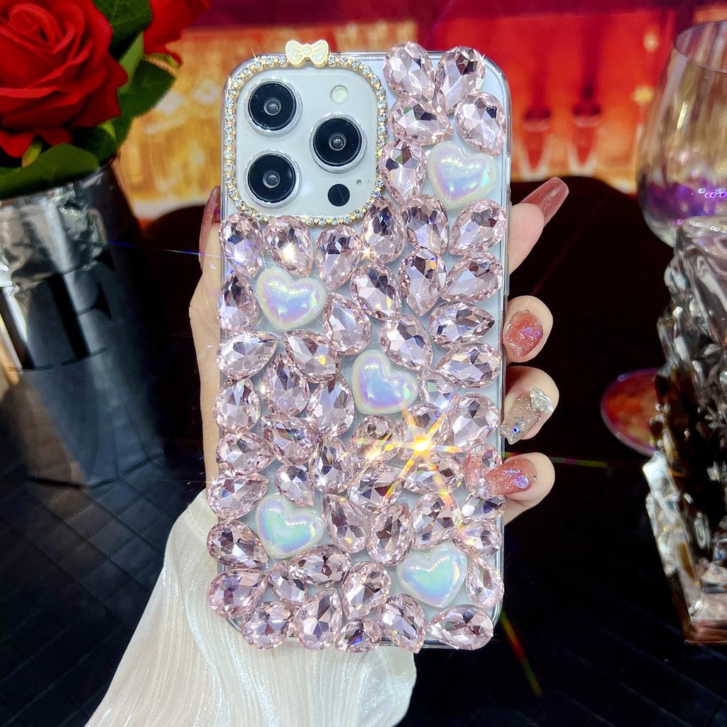 For iPhone 15 Pro Max Case Glass Rhinestone Heart Shape Decor TPU Phone Back Cover