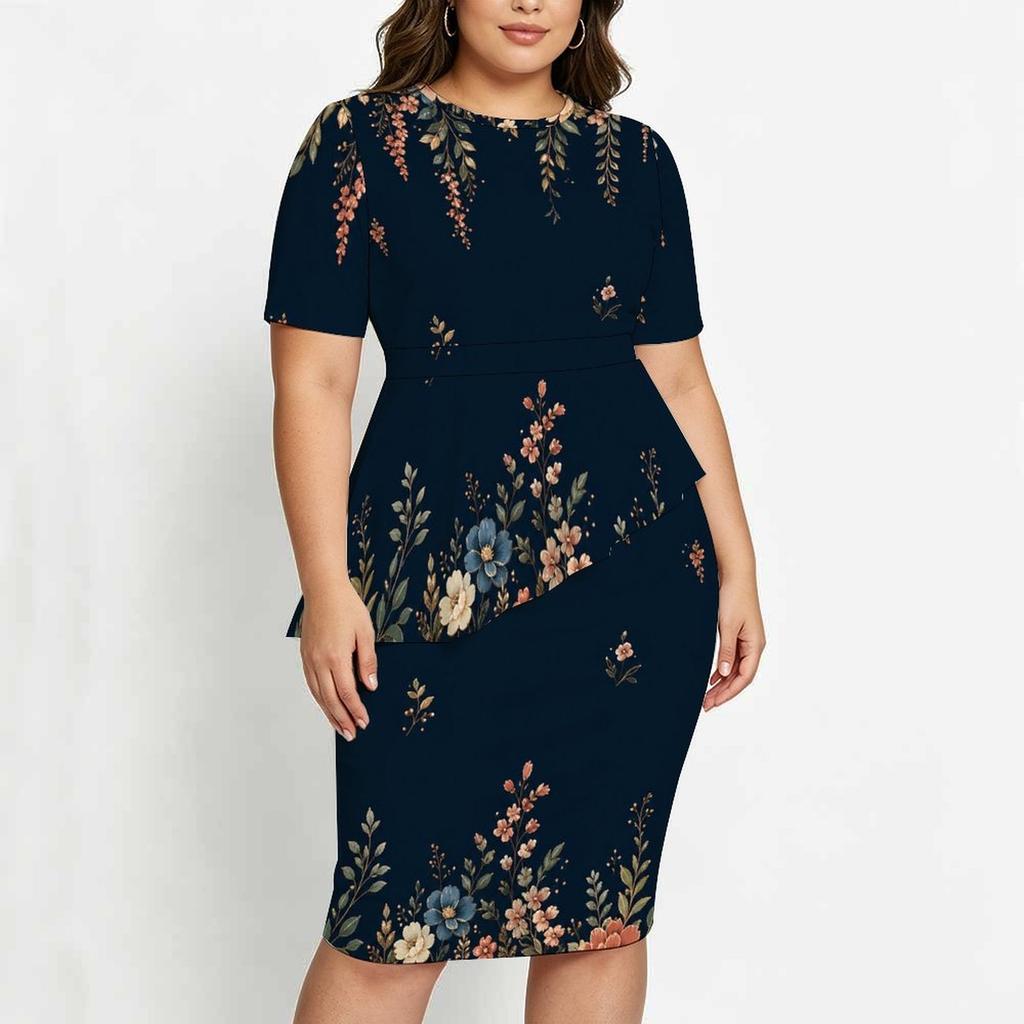 Women Plus Size Dark Green Gold Floral Printed Round Neck Short Sleeve Asymmetric Top Fitted Skirt Two Piece Set
