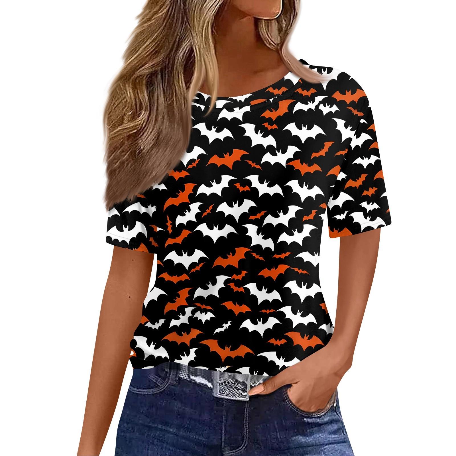 

Women s Fashionable Casual Short Sleeve Halloween Print Round Neck Pullover Top L чорний