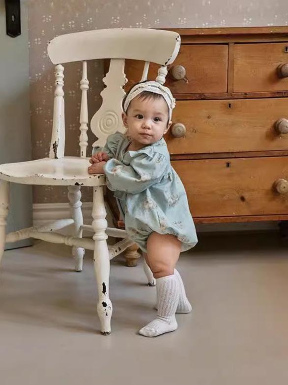 Nordic A-Class Baby Girl Floral Corduroy Romper with Puff Sleeves
