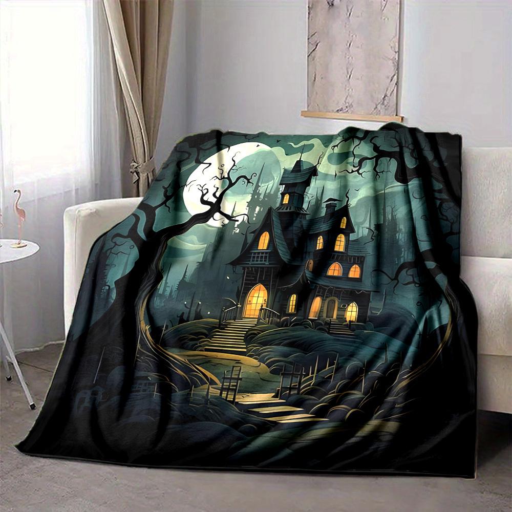 1pc Haunted House Moonlit Night Blanket, Lightweight Flannel Throw Blanket for Sofa, Bed, Travel, Camping, Living Room, Office, Couch, Chair, and Bed