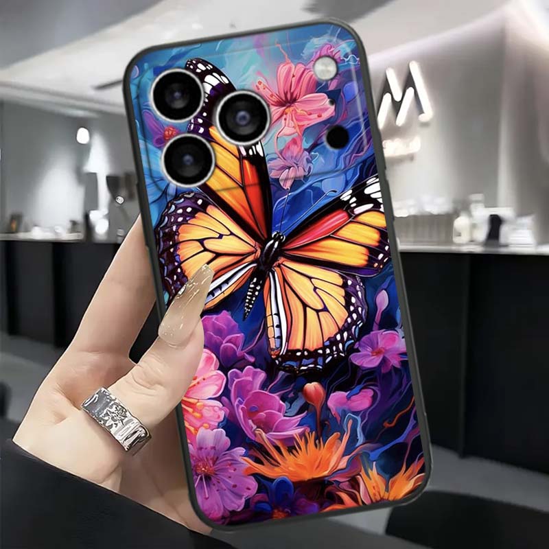 

Butterfly flower pattern Phone Case For Apple iPhone 17 16 16E 15 14 13 12 11 Pro Max Plus Black Soft Silicone iPhone 13 Pro