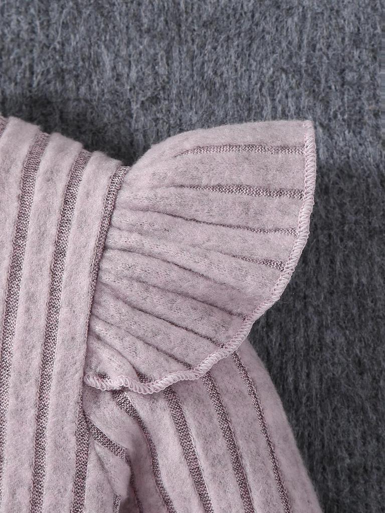 Girl's Casual Fashion Outfit with Striped Ruffle Edge Long Sleeves&comfortable Solid Color Dress for Spring, Autumn and Winter Styles