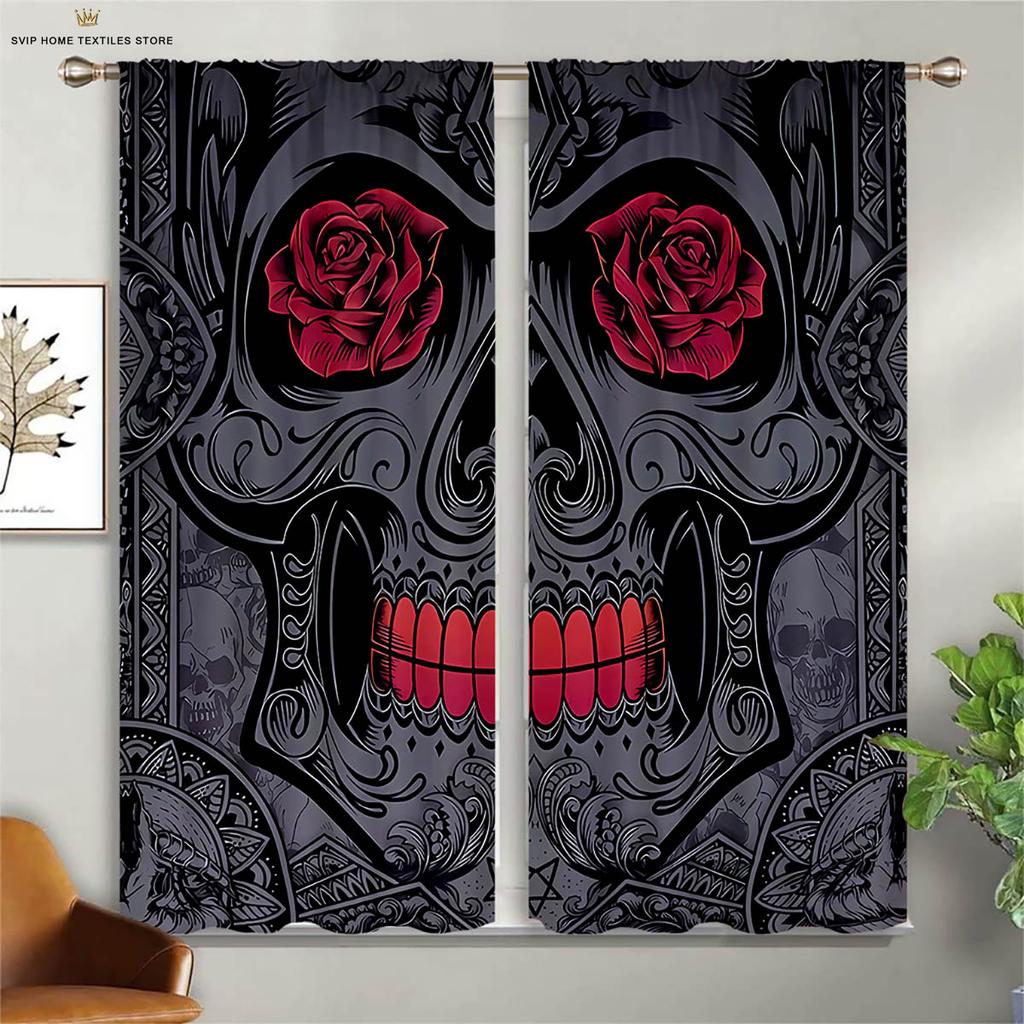 Colorful Pattern Floral Pattern Skull Style 3D Pattern Printing Window Curtains, Halloween Theme, Festival, Gathering Decorative Piece, Ideal For