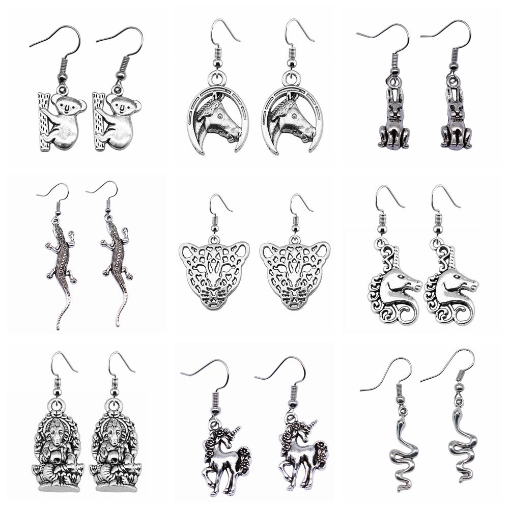 50 Styles Animal Pendant Dangle Earrings Drop Earrings Antique Silver Color Plated Unicorn Horse Elephant Snake Tiger Earrings
