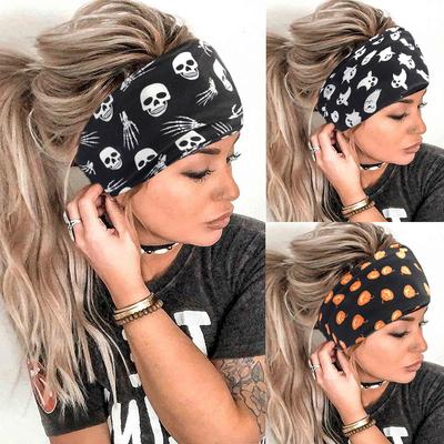 Halloween Totenkopf Kürbis Breit Geknotetes Stirnband Bandana Damen Sport Yoga Turban Weihnachts-Print Stretch Haarband Haarschmuck