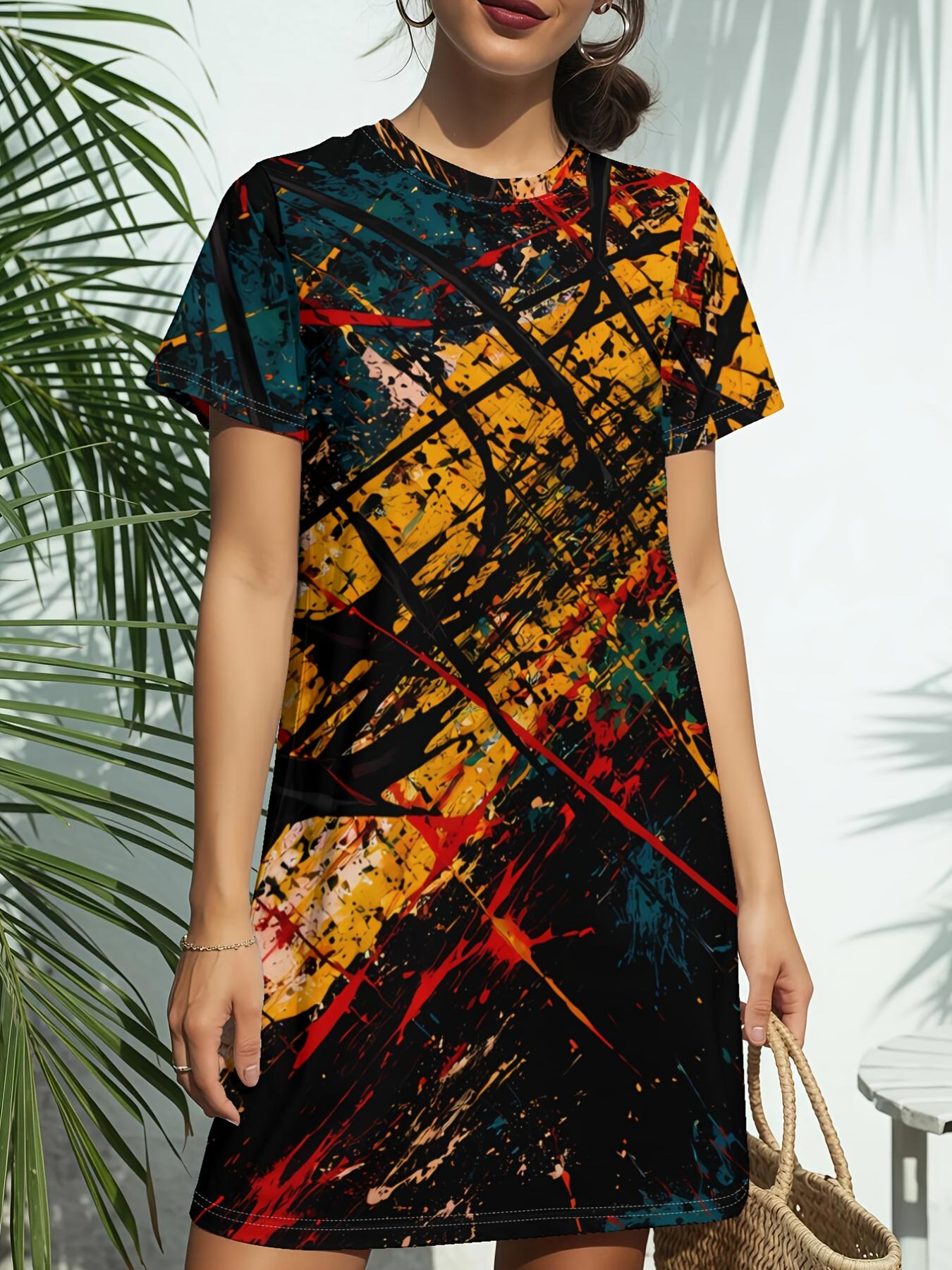

Women s Abstract Paint Art Print T-Shirt Dress - Short Sleeve Round Neck Casual Dress with Abstract Geometric. Spring Summer Dress Suitable for Daily 5XL дубильна кора