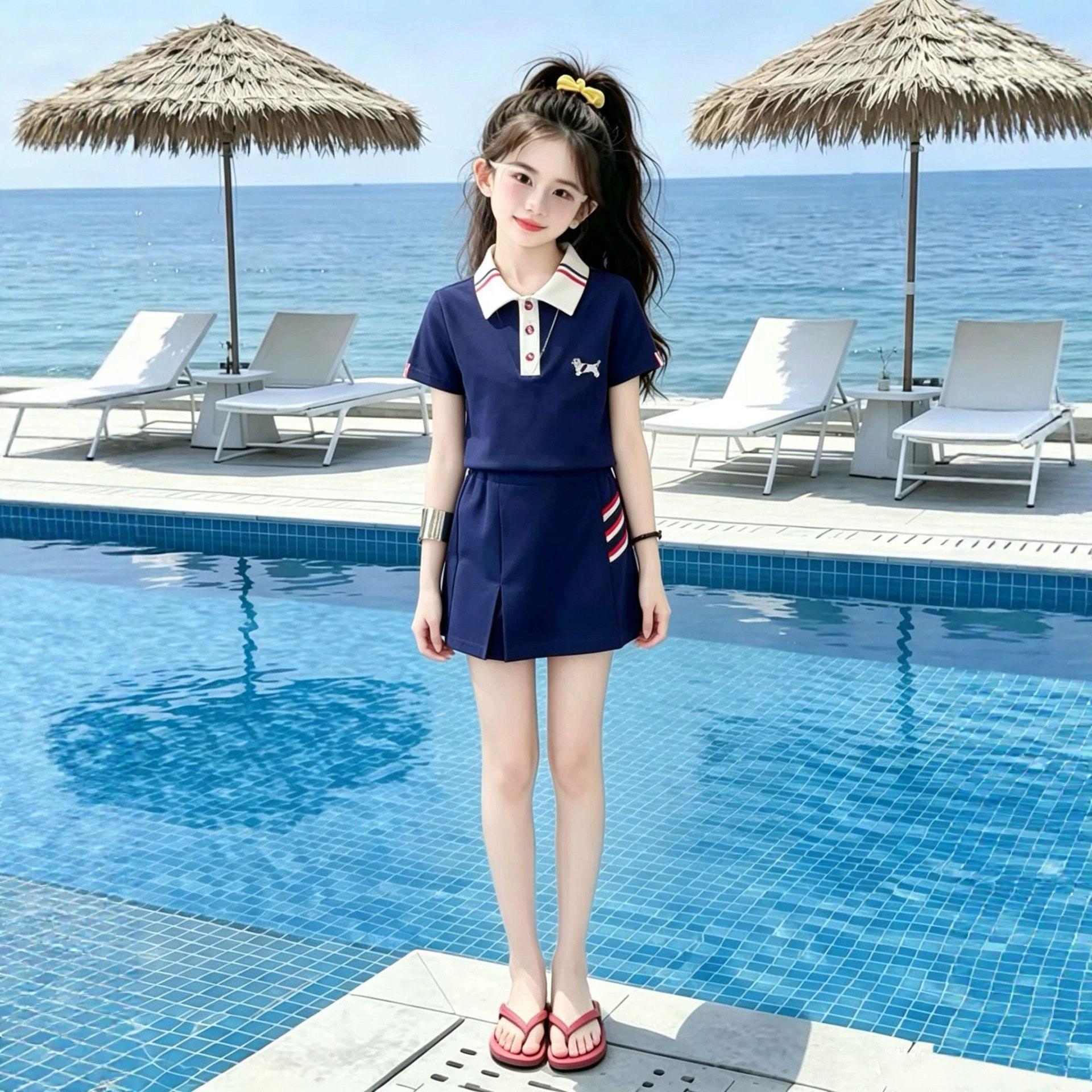 Girls Korean Style Summer Sportswear Set: Skirt, Pants & Short-Sleeved POLO Top 170cm